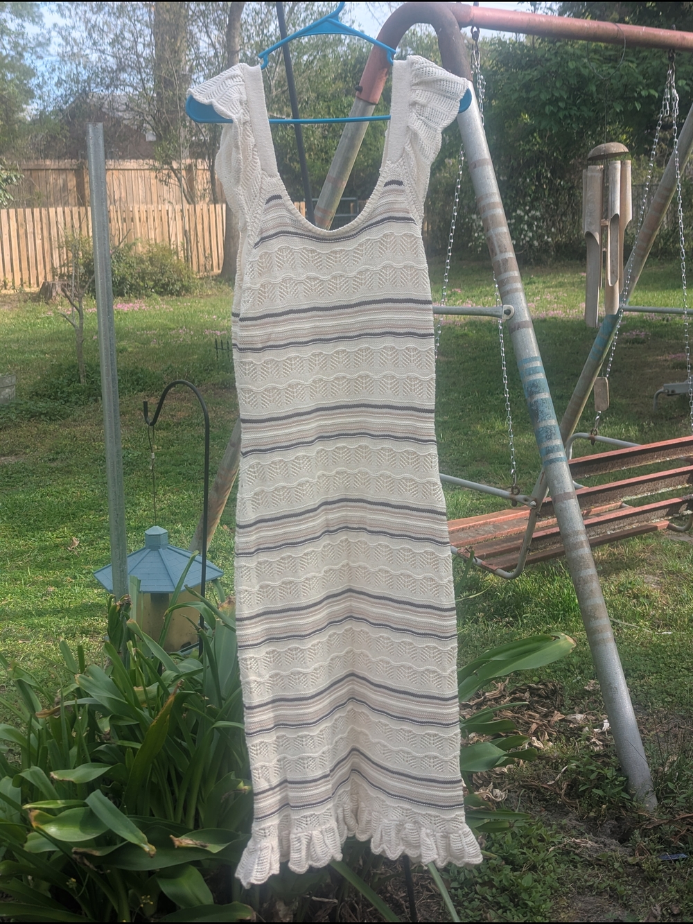 Cream Striped Crochet Midi Dress - Women's